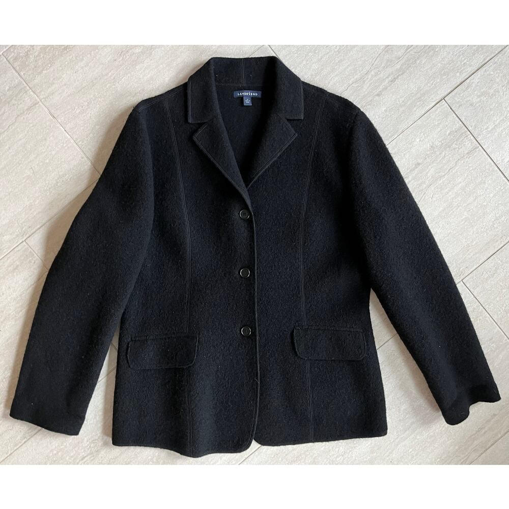 Lands End Fleece Blazer Womens 14 Large Wool Button Jacket Black Warm Business